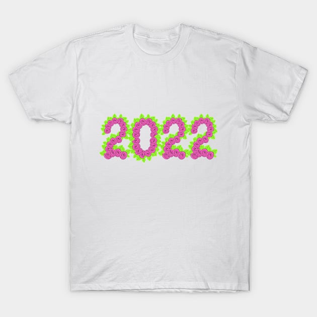 2022 formed with pink roses and green leaves T-Shirt by Blue Butterfly Designs 